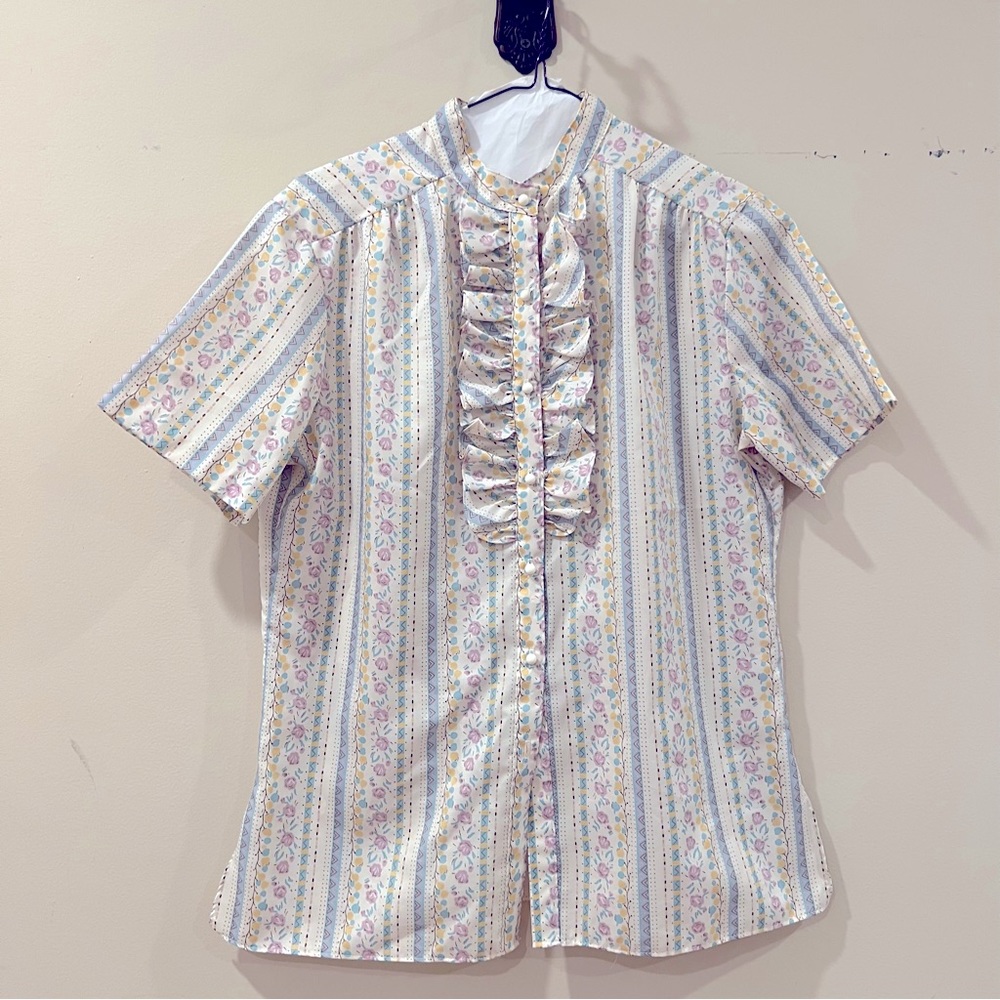 Vintage 70s Ruffle Yoke Short Sleeve Blouse